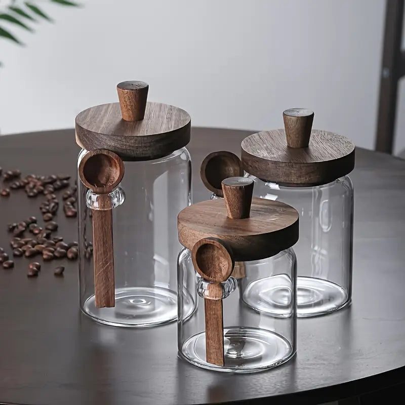 Airtight Glass Storage Jars with Wooden Lid & Spoon