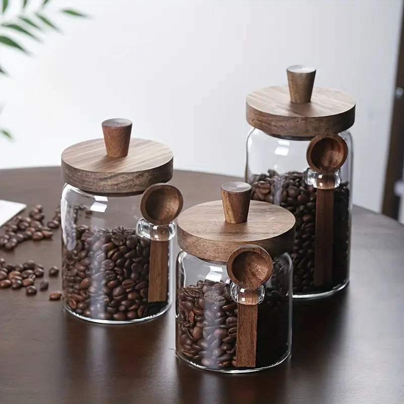 Airtight Glass Storage Jars with Wooden Lid & Spoon