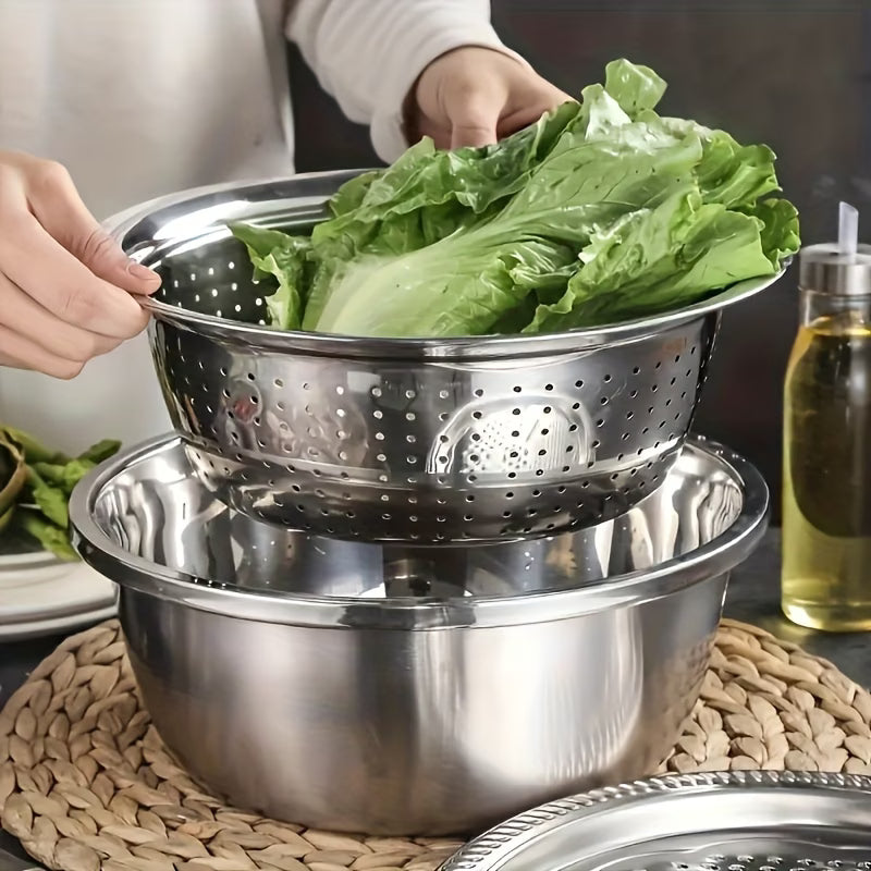 All-in-1 Steel Prep & Drain Kitchen Bowl Set (3-Piece)