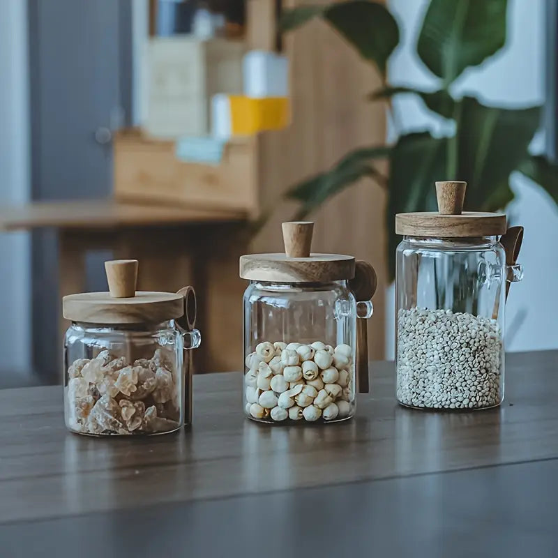 Airtight Glass Storage Jars with Wooden Lid & Spoon