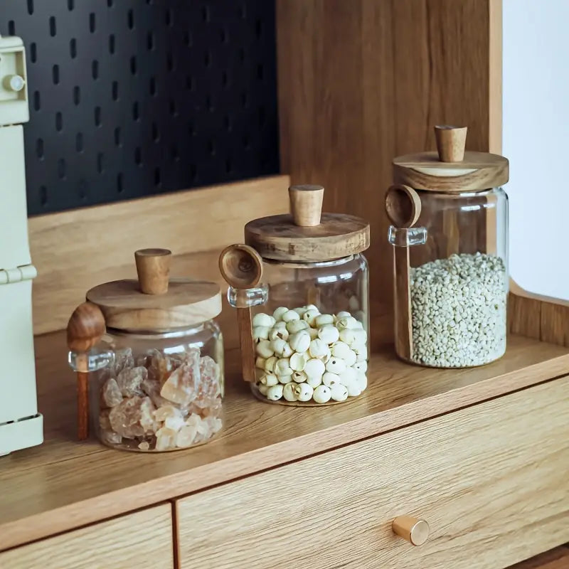 Airtight Glass Storage Jars with Wooden Lid & Spoon
