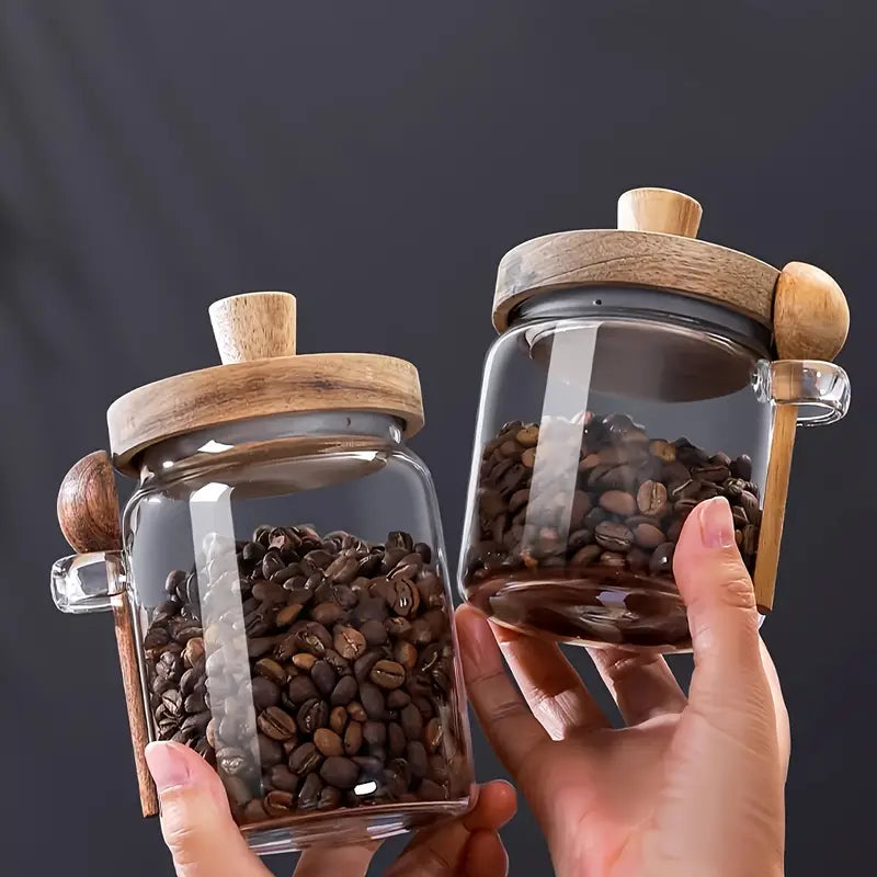 Airtight Glass Storage Jars with Wooden Lid & Spoon