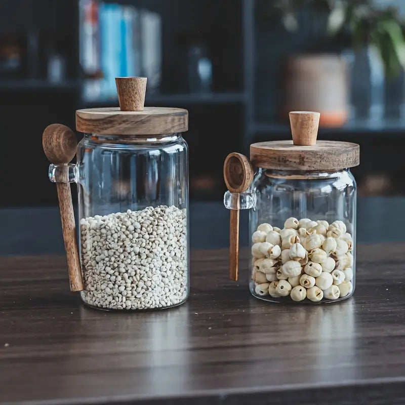 Airtight Glass Storage Jars with Wooden Lid & Spoon